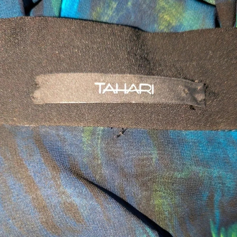 Tahari Sheer Abstract Vibrant colorBlouse Chartreuse turquoise and Black-Size L - Picture 4 of 5